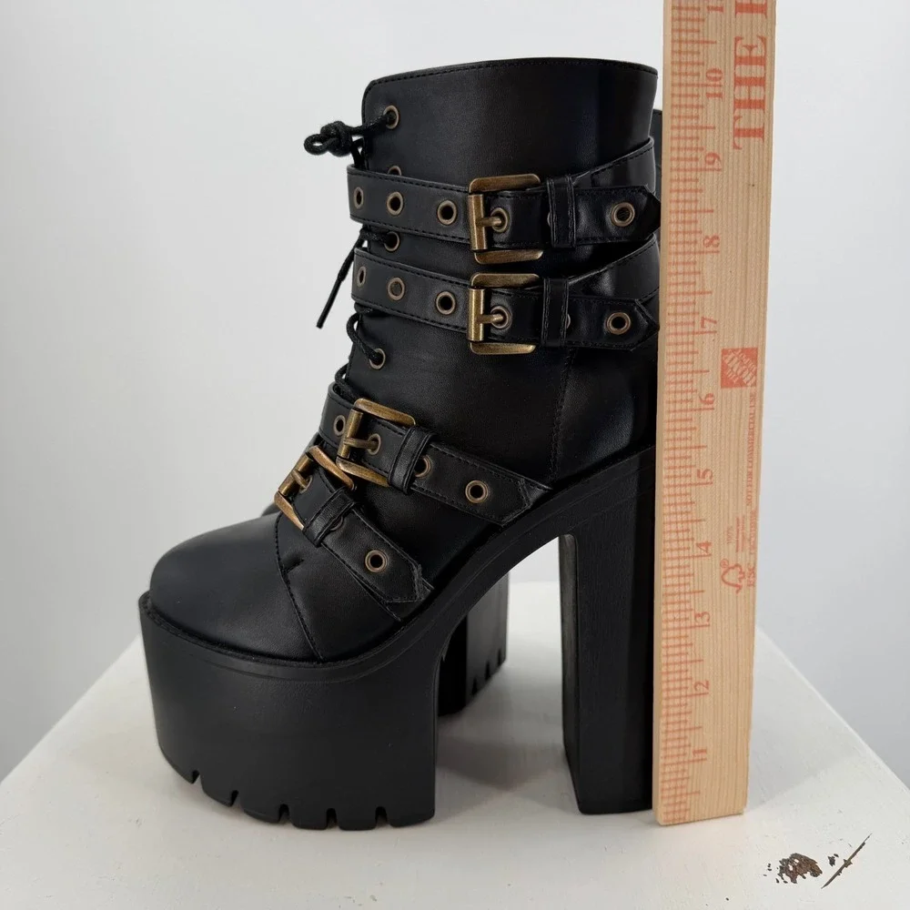 Womens Size 6 Black‎ Platform Boots Goth Punk Buckle Strap Chunky Heel
